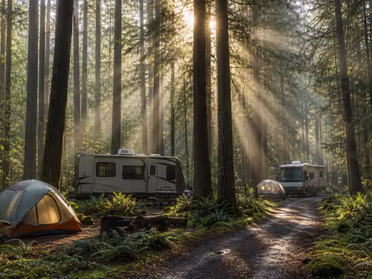 Lakefront RV sites at golden hour with the water beyond