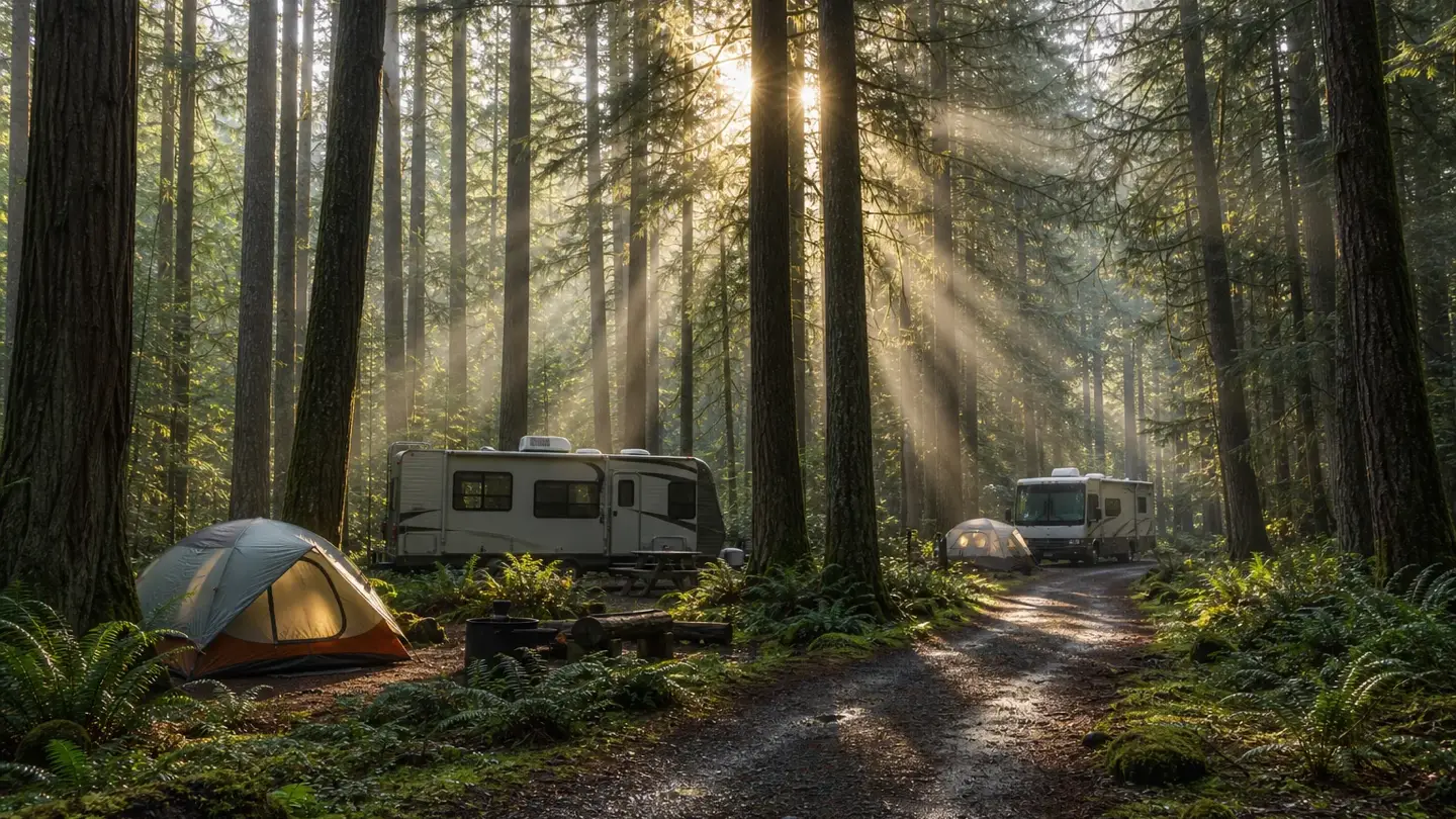 Morning sun through tall pines over a campsite loop with a tent and two RVs